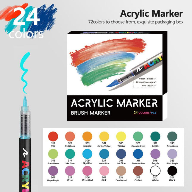 24 Colour Set Vibrant Cyan Acrylic Marker with Soft Brush Tip - 13.8 cm Professional Art Pen.