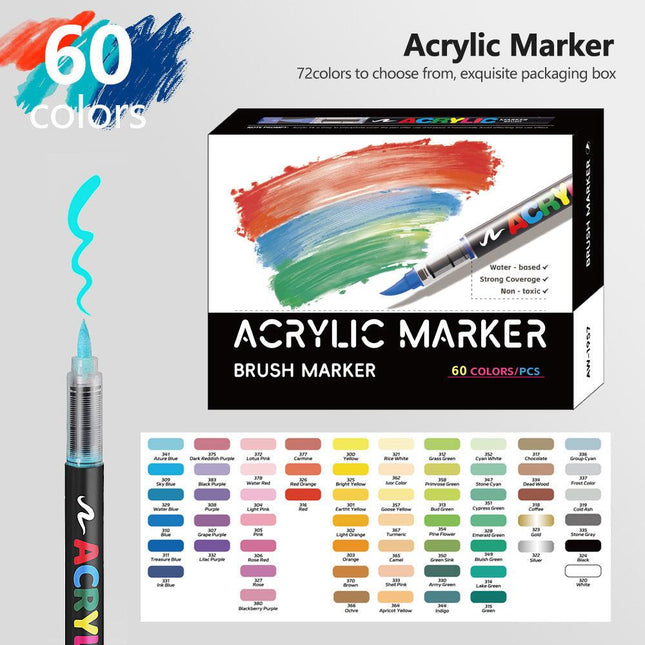 60 Colour Set Vibrant Cyan Acrylic Marker with Soft Brush Tip - 13.8 cm Professional Art Pen.