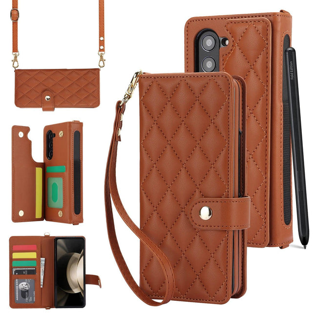 Brown Galaxy Z Fold3 Multi-Functional Leather Wallet Case for Samsung Z Fold Series - Crossbody with Pen Slot, Quilted Design Pen Not Included.