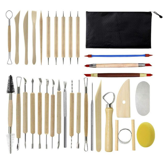 32-Piece Pottery Tool Set with Cloth Bag - DIY Clay Sculpting Kit for Kids.
