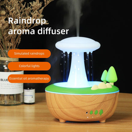 White Woodgrain Raindrop Mushroom Aroma Diffuser - 280mL Ultrasonic Humidifier with Colorful Lights.