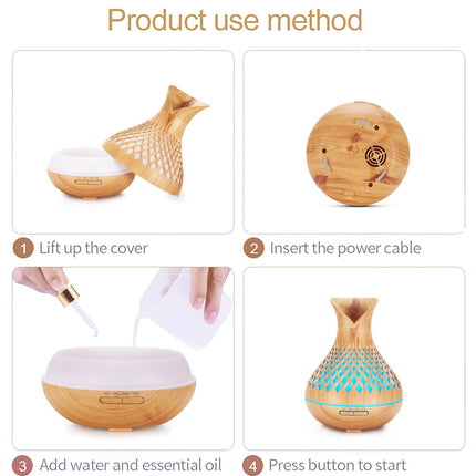 Light Woodgrain 500ml Wood-Grain Essential Oil Aroma Diffuser with Lattice Design and Humidifier.