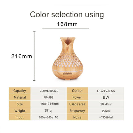 Light Woodgrain 500ml Wood-Grain Essential Oil Aroma Diffuser with Lattice Design and Humidifier.