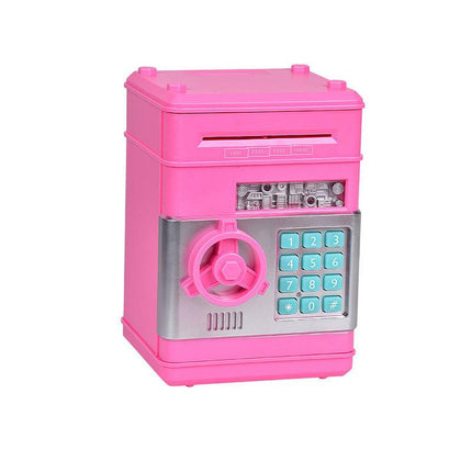 Pink Children's Mini Safe Piggy Bank with Fingerprint and Password Lock.