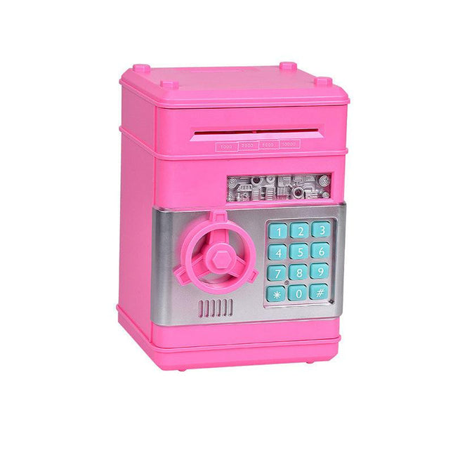 Pink Children's Mini Safe Piggy Bank with Fingerprint and Password Lock.