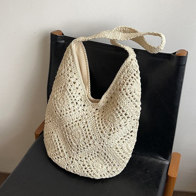 Beige Flower-Patterned Cotton Crochet Tote Bag - Beach and Commute Essential.