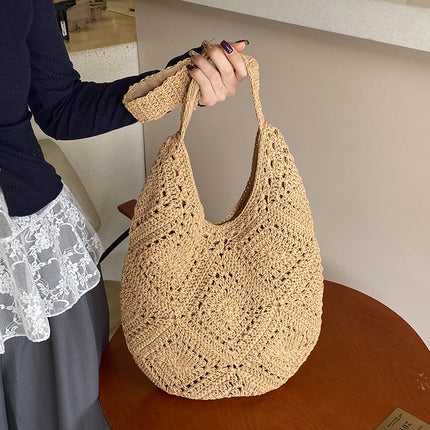 Khaki Flower-Patterned Cotton Crochet Tote Bag - Beach and Commute Essential.