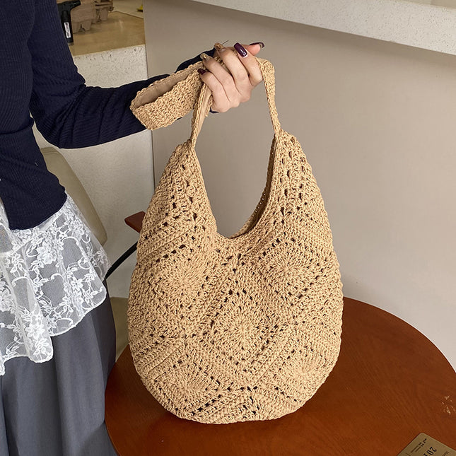 Khaki Flower-Patterned Cotton Crochet Tote Bag - Beach and Commute Essential.
