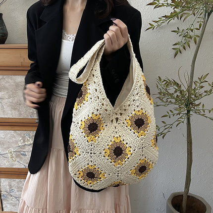 Yellow Flower-Patterned Cotton Crochet Tote Bag - Beach and Commute Essential.