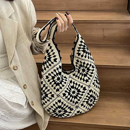 Black-white Flower-Patterned Cotton Crochet Tote Bag - Beach and Commute Essential.