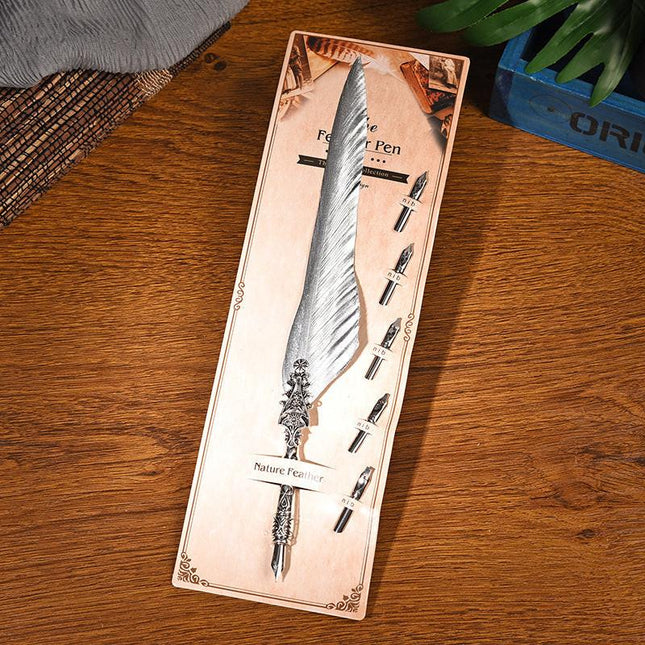 Sword Plume Silver European Dip Feather Quill Pen Set - 2-Piece Retro Business Gift Box with 5 Nib Sizes.