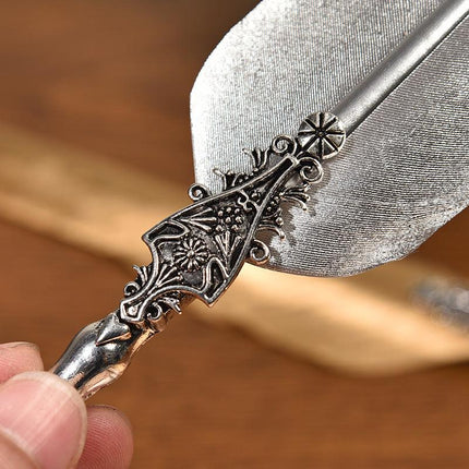 Sword Plume Silver European Dip Feather Quill Pen Set - 2-Piece Retro Business Gift Box with 5 Nib Sizes.
