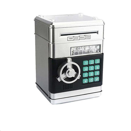 Silver Children's Mini Safe Piggy Bank with Fingerprint and Password Lock.