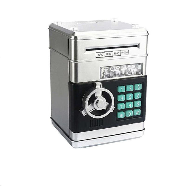 Silver Children's Mini Safe Piggy Bank with Fingerprint and Password Lock.