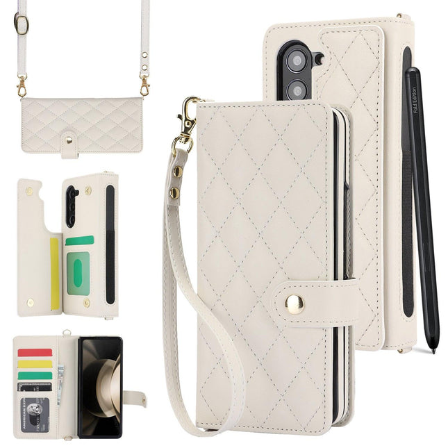 White Galaxy Z Fold6 Multi-Functional Leather Wallet Case for Samsung Z Fold Series - Crossbody with Pen Slot, Quilted Design Pen Not Included.