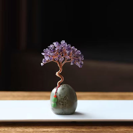 Purple Crystal Natural Crystal Wealth Tree - 12cm Feng Shui Decor, Elegant Office Desk Ornament.