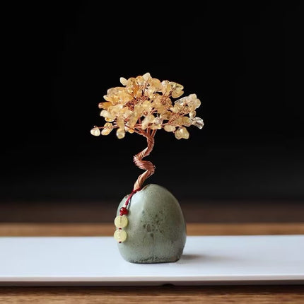 Yellow Crystal Natural Crystal Wealth Tree - 12cm Feng Shui Decor, Elegant Office Desk Ornament.