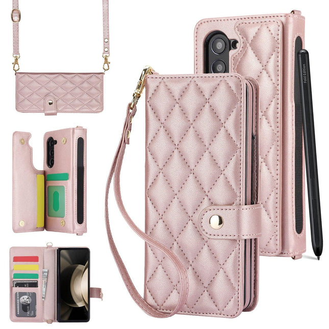 Rose Gold Galaxy Z Fold6 Multi-Functional Leather Wallet Case for Samsung Z Fold Series - Crossbody with Pen Slot, Quilted Design Pen Not Included.