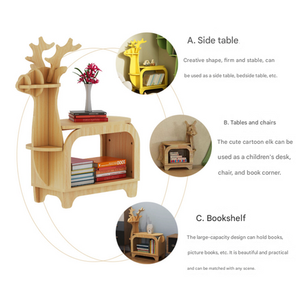 Green Small Creative Reindeer-Shaped Solid Wood Bookshelf for Kids.