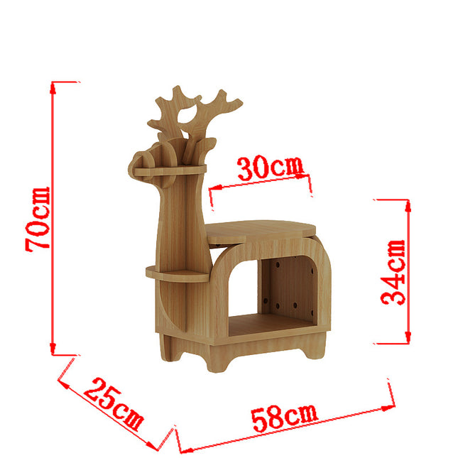 Yellow Oak Grain Trumpet Creative Reindeer-Shaped Solid Wood Bookshelf for Kids.