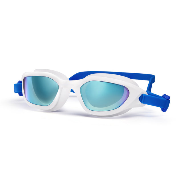 Coated Blue-white-blue Premium Full-View Anti-Fog Adult Swim Goggles with Wide-Frame Design.