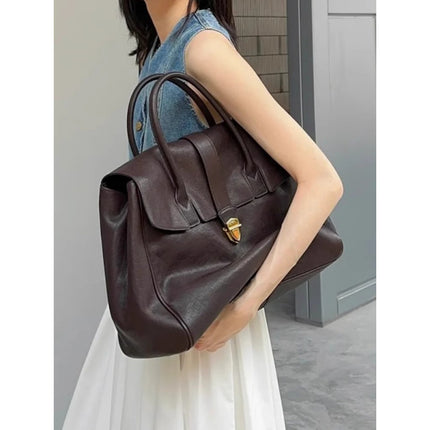 Coffee Brown Spacious Women's PU Leather Tote Bag with Laptop Compartment.