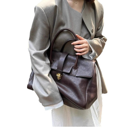 Coffee Brown Spacious Women's PU Leather Tote Bag with Laptop Compartment.