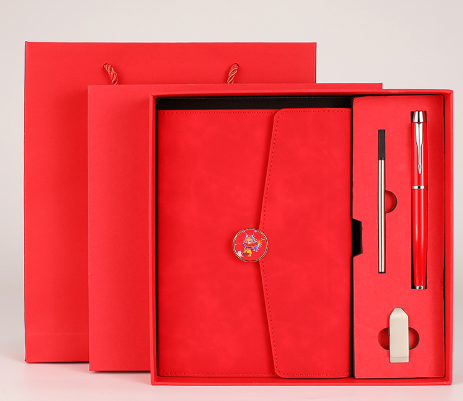 Red Premium A5 Three-Fold Notebook Gift Set with 16GB USB and Pen.