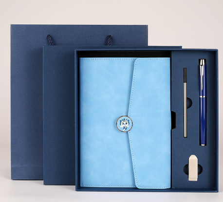 Blue Premium A5 Three-Fold Notebook Gift Set with 16GB USB and Pen.