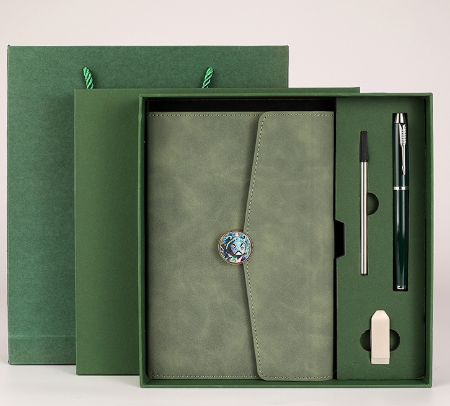 Green Premium A5 Three-Fold Notebook Gift Set with 16GB USB and Pen.