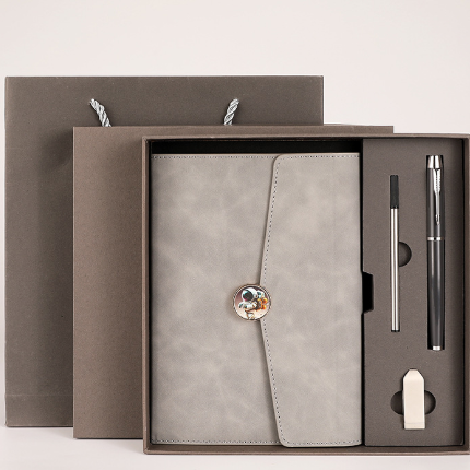 Grey Premium A5 Three-Fold Notebook Gift Set with 16GB USB and Pen.