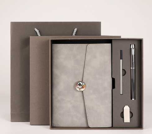 Grey Premium A5 Three-Fold Notebook Gift Set with 16GB USB and Pen.