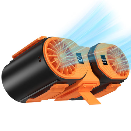 Black-orange Portable Turbo Waist Fan with Digital Display and Dual Air Outlets.