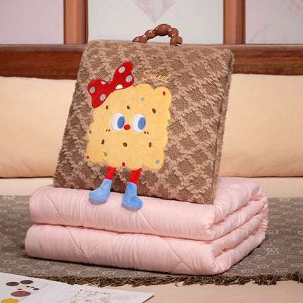 Brown Cartoon Cookie Pillow Blanket 2-in-1 for Winter Car and Office Use.