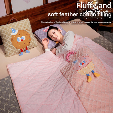 Brown Cartoon Cookie Pillow Blanket 2-in-1 for Winter Car and Office Use.