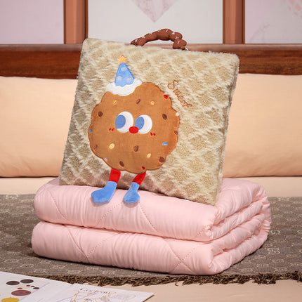 Yellow Cartoon Cookie Pillow Blanket 2-in-1 for Winter Car and Office Use.
