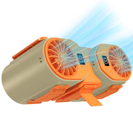 Brown-orange Portable Turbo Waist Fan with Digital Display and Dual Air Outlets.