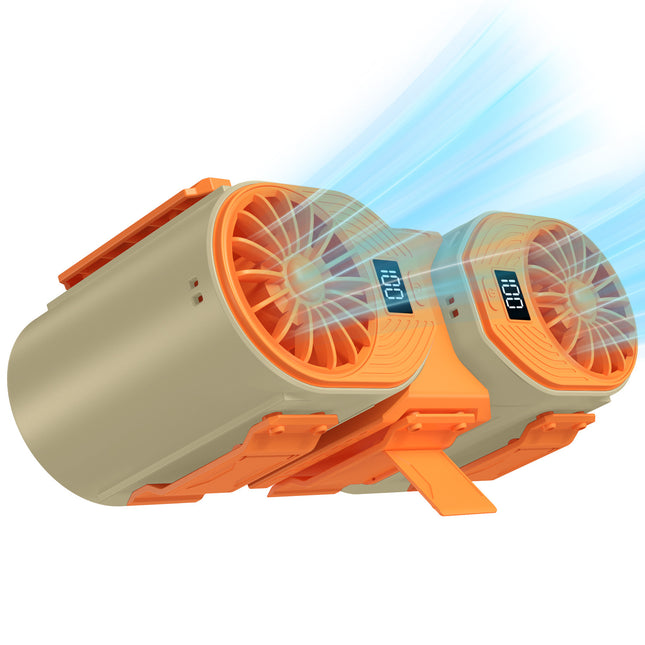 Brown-orange Portable Turbo Waist Fan with Digital Display and Dual Air Outlets.