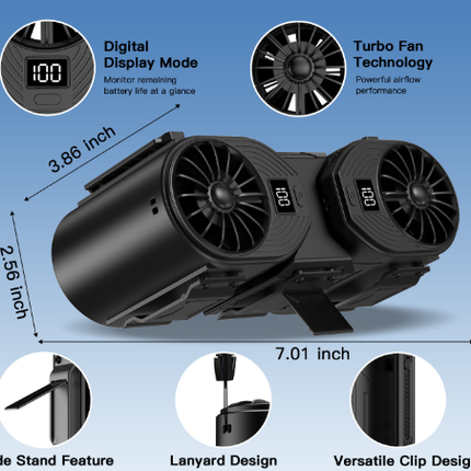 Brown-orange Portable Turbo Waist Fan with Digital Display and Dual Air Outlets.