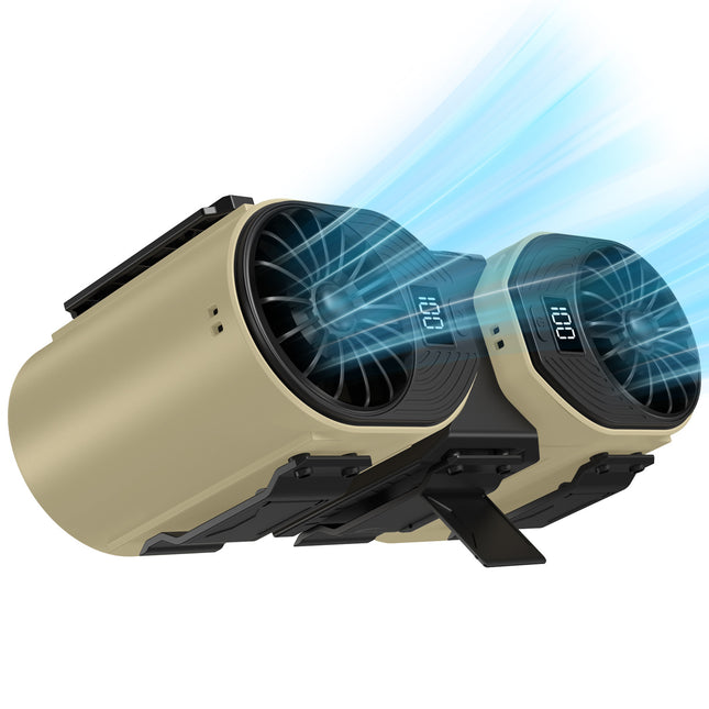Brown-black Portable Turbo Waist Fan with Digital Display and Dual Air Outlets.