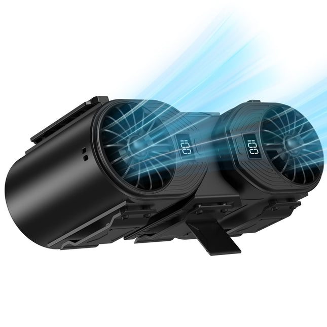 Black Portable Turbo Waist Fan with Digital Display and Dual Air Outlets.