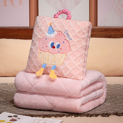 Pink Thick Fleece Cartoon Cookie Pillow Blanket 2-in-1 for Winter Car and Office Use.