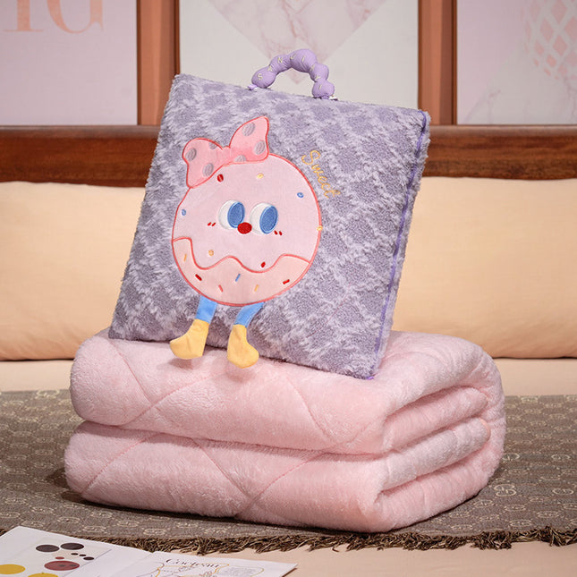 Purple Thick Fleece Cartoon Cookie Pillow Blanket 2-in-1 for Winter Car and Office Use.