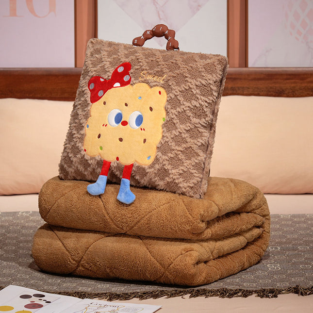 Coffee Thick Fleece Cartoon Cookie Pillow Blanket 2-in-1 for Winter Car and Office Use.