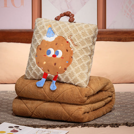 Khaki Thick Fleece Cartoon Cookie Pillow Blanket 2-in-1 for Winter Car and Office Use.