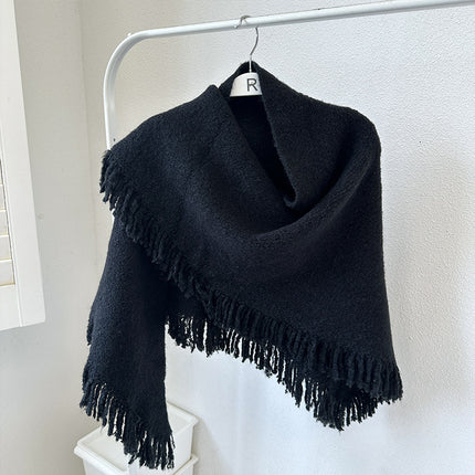 Black Versatile Fringed Faux Wool Triangle Shawl - Warm Knitted Scarf.