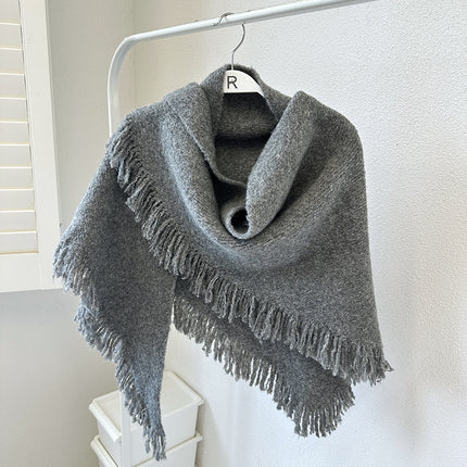 Grey Versatile Fringed Faux Wool Triangle Shawl - Warm Knitted Scarf.