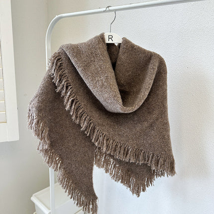 Coffee Versatile Fringed Faux Wool Triangle Shawl - Warm Knitted Scarf.