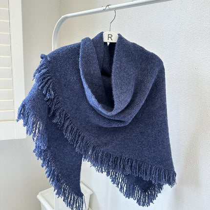 Navy Blue Versatile Fringed Faux Wool Triangle Shawl - Warm Knitted Scarf.