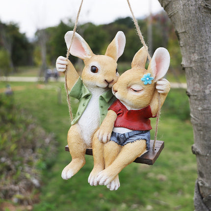 Cartoon Rabbit Couple Swing Garden Ornament - Charming Resin Decor.
